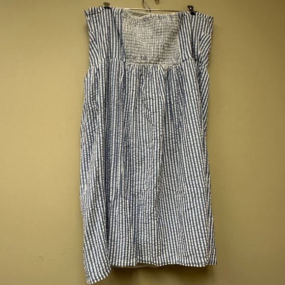 Seersucker Blue White Chevron Striped Strapless Smocked Mini Dress Size 2X Plus - Picture 2 of 13